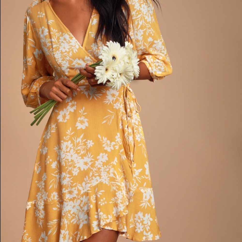 Lulus yellow floral wrap dress